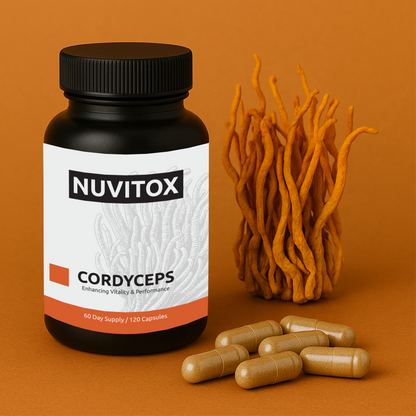 A bottle of NUVITOX Cordyceps supplements with capsules spilling out in front of a dried Cordyceps fruiting body against an orange background.