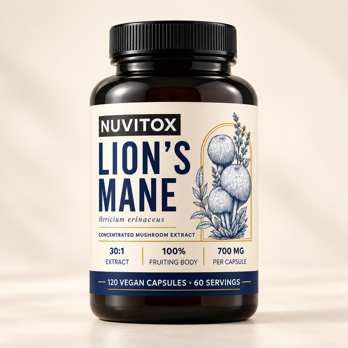 Nuvitox Lion's Mane gold-label bottle on an ivory background