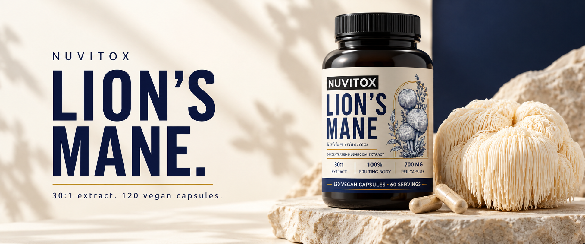 Nuvitox Lion’s Mane. 30:1 extract. 120 vegan capsules. Gold-label bottle beside a Lion’s Mane mushroom.